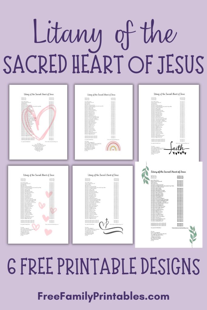 This photo shows previews of the 6 different printable designs of the Litany of the Sacred Heart of Jesus PDFs offered for free on my blog, on a purple background. 