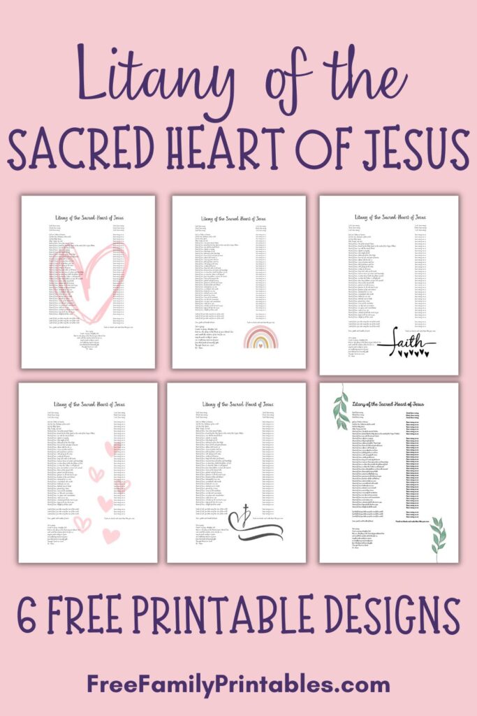 This photo shows previews of the 6 different printable designs of the Litany of the Sacred Heart of Jesus PDFs offered for free on my blog, on a pink background. 