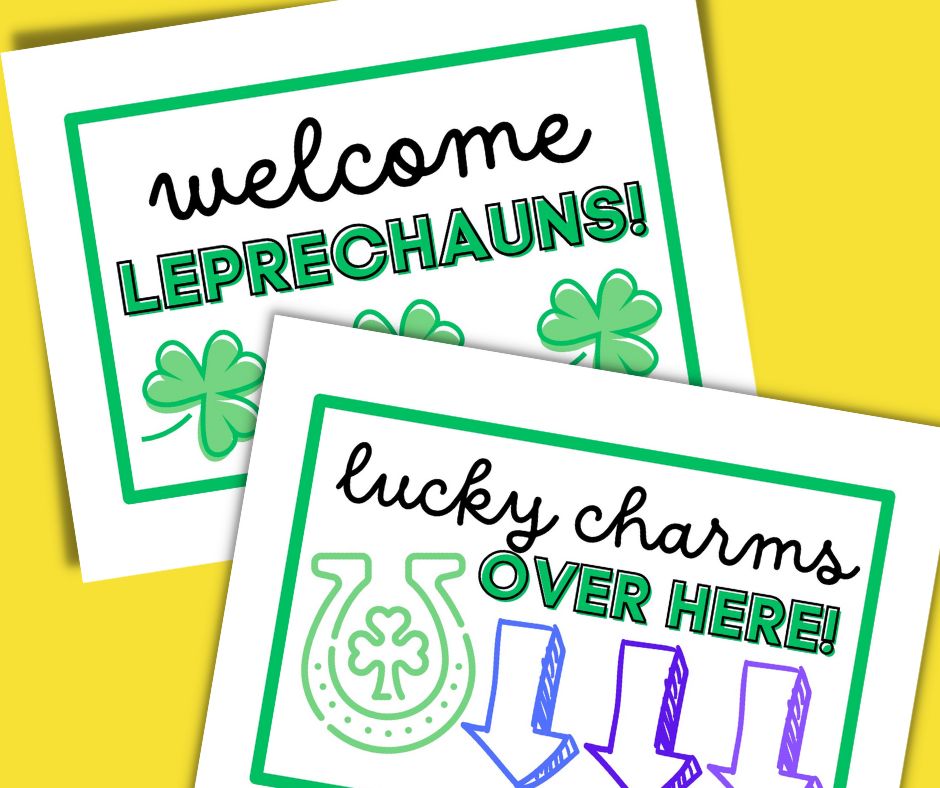 
This photo shows a zoomed in, close up preview of 2 of the 4 free printable leprechaun trap signs that come in the printable pack to create your own homemade leprechaun trap for St. Patrick's Day.
