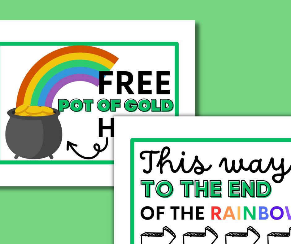 This photo shows a zoomed in, close up preview of 2 of the 4 free printable leprechaun trap signs that come in the printable pack to create your own homemade leprechaun trap for St. Patrick's Day.