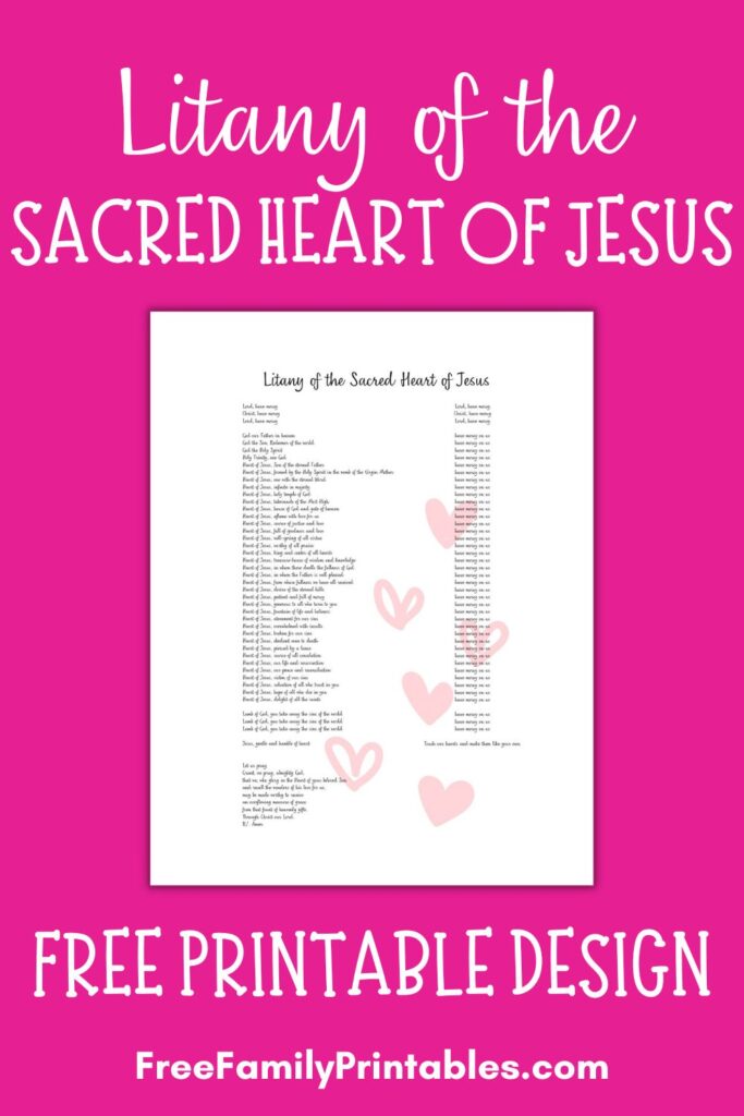 This photo shows a preview of 1 of the 6 art print designs of the Litany of the Sacred Heart of Jesus printables offered for free on my blog, on a hot pink background.