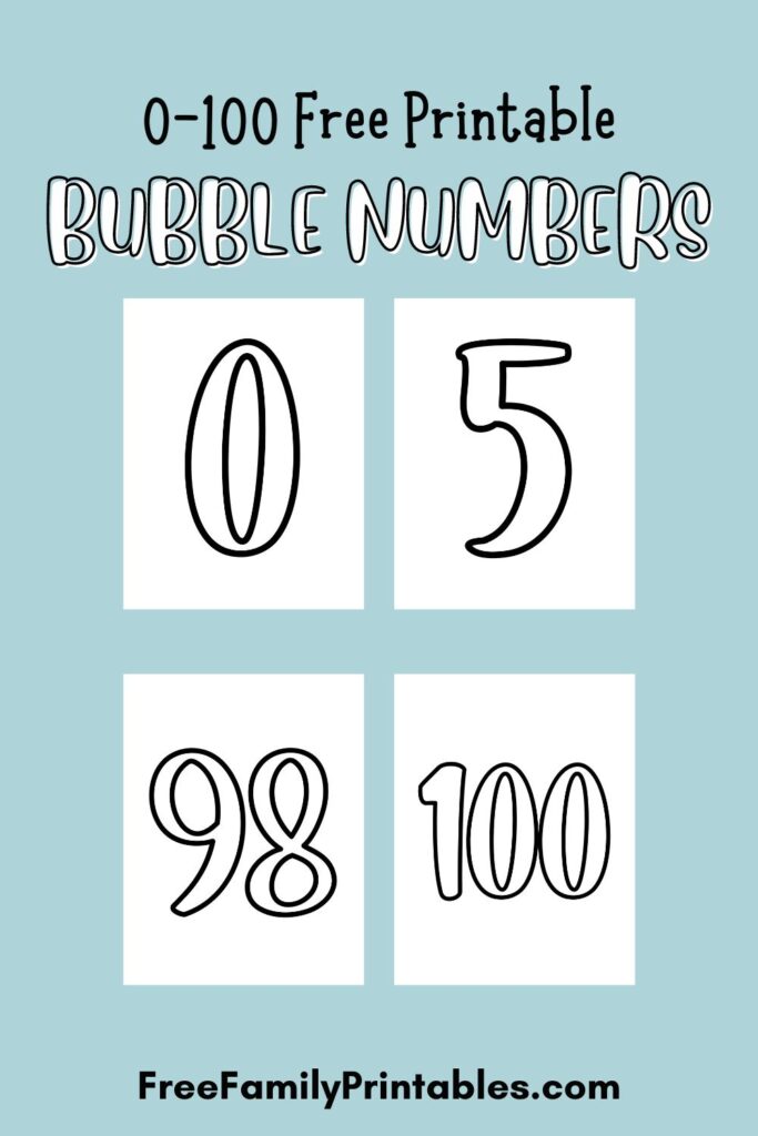 Photo showing a preview of a few of the pages from the free printable bubble numbers download. Numbers zero, five, ninety eight, and one hundred are shown on a blue background.