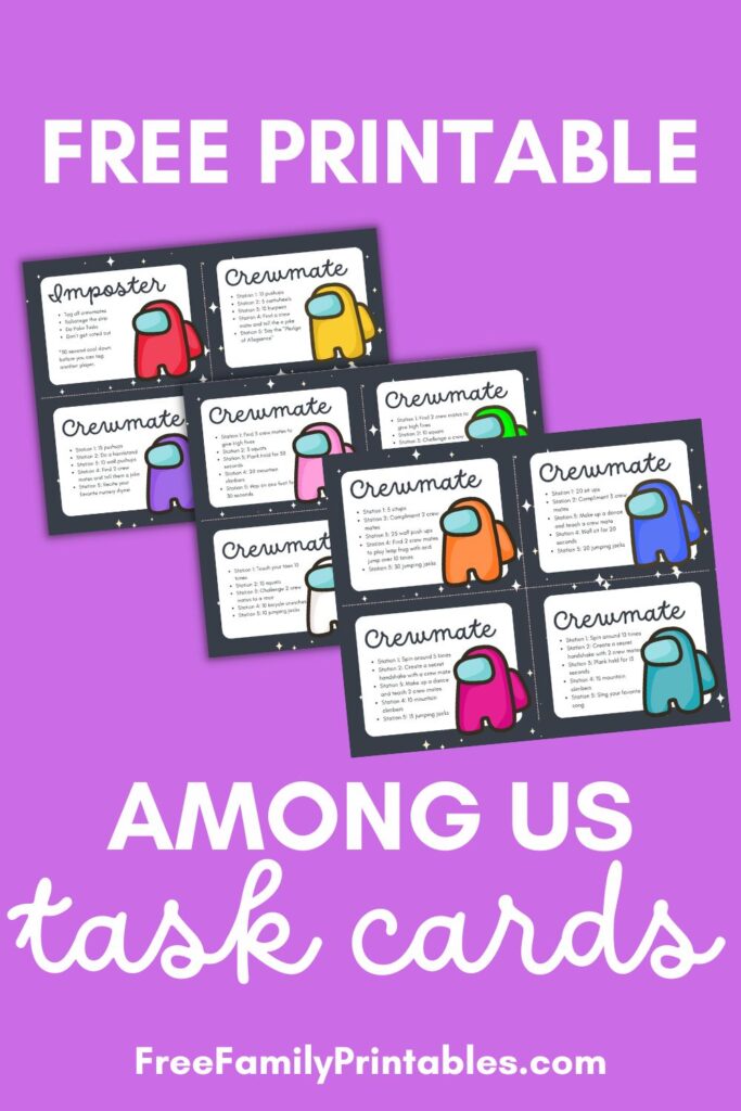 This image shows a preview of the Free Among Us task cards printable offered on this blog. It shows the 11 crew mates and 1 imposter card with task lists. 