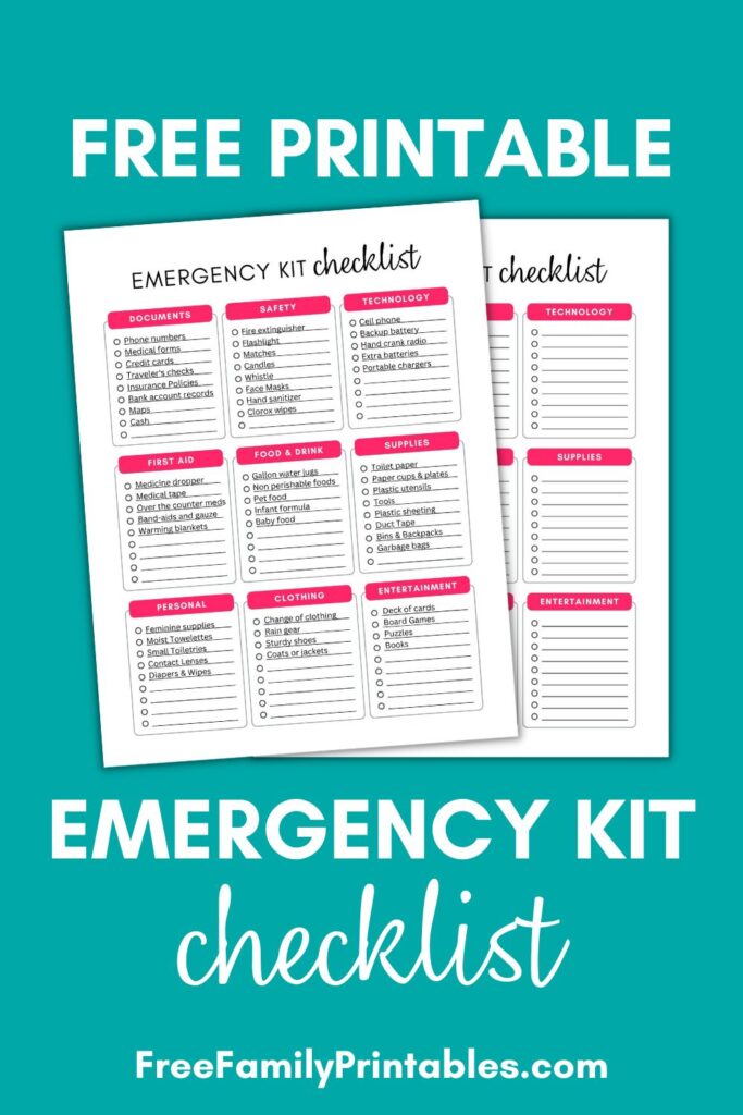 This image shows a preview of the pink version of the emergency kit checklist free printable. There is a pre filled version and blank version shown. 