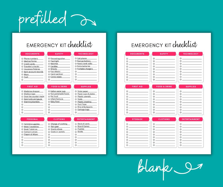 This image shows a preview of the pink version of the emergency kit checklist free printable. There is a pre filled version and blank version shown side by side.