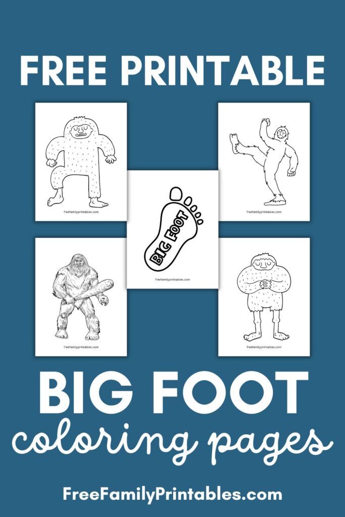 This image shows a preview of the 5 different bigfoot coloring pages included in this free printable pack.