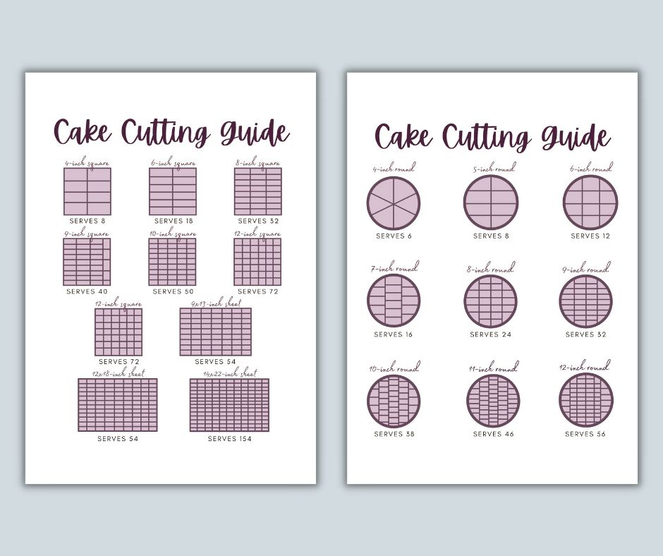 This image shows a preview of both pages of the free printable cake cutting guide.