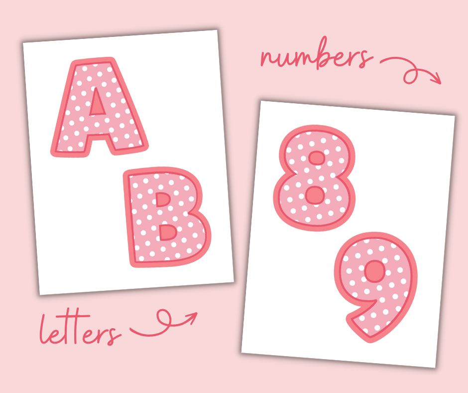 This image shows a preview of the free printable door decoration images included in this free printable cruise door decorations pack: polka dot bubble letters A-Z and polka dot numbers 0-9. 