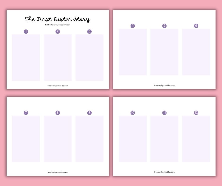 Image shows a preview of the free printable Easter story for Sunday School, including the blank numbered pages where your students will arrange the story in order of events. 