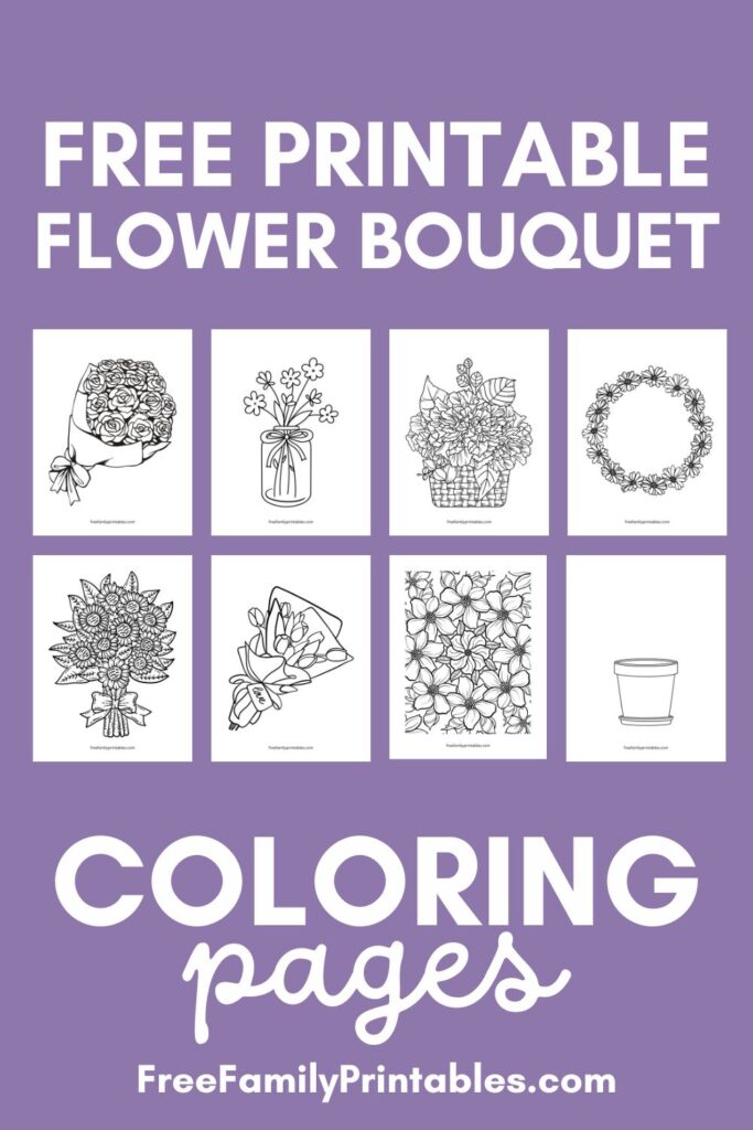 preview image of all 8 free printable flower bouquet coloring pages included in the download.