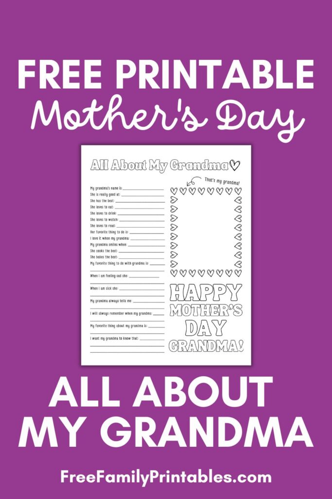 This image shows a preview of the free printable Mothers Day All about my Grandma printable available on the blog.