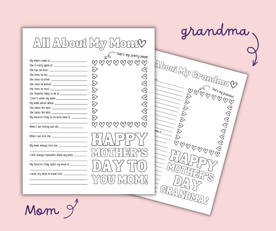 This image shows a preview of the free printable Mothers Day All about my mom and grandma printable available on the blog.