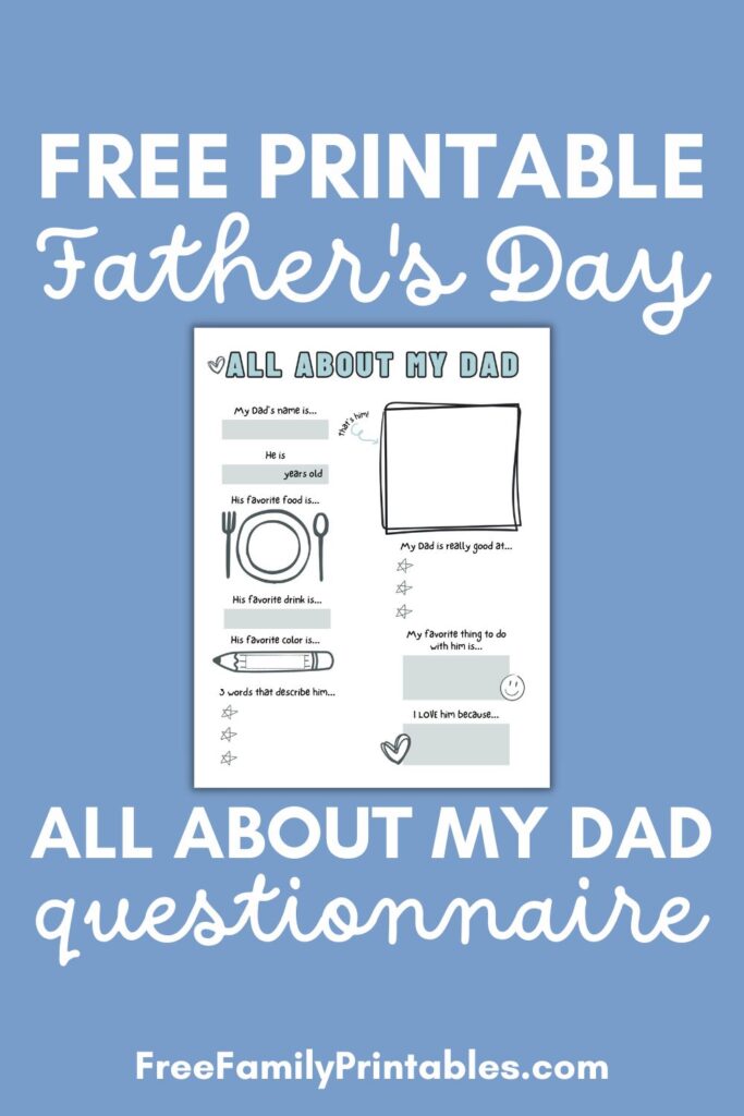 this image shows a preview of the free printable All about my Dad questionnaire for Father's Day or a fun DIY keepsake gift for dad. 