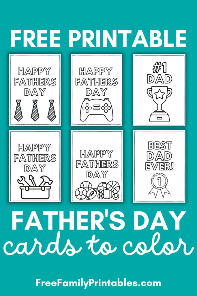 This image shows a preview of the 6 different designs for the cover of these free printable happy father's day cards. There is a card with neckties, video game controller, #1 Dad, toolbox, sports themed, and Best Dad ever with a ribbon. 