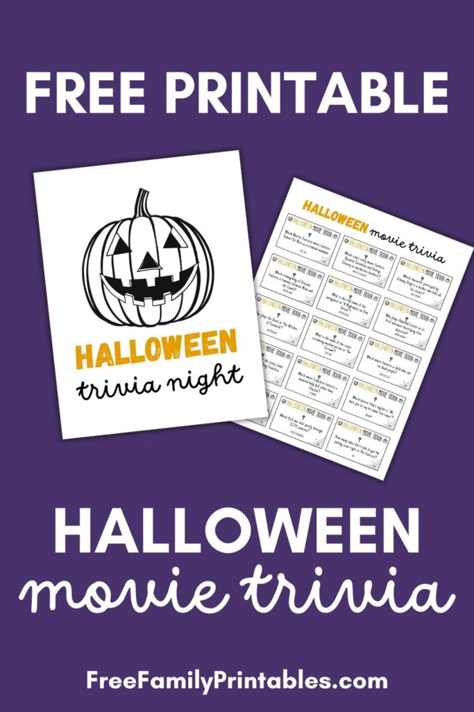 Halloween movie night trivia questions and answers pinterest image showing a preview of the print outs. 
